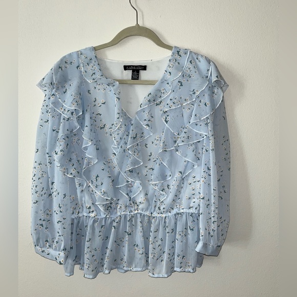 Blue floral ruffle top. 3/4 length sleeves. Brand is A love story. - Picture 4 of 4